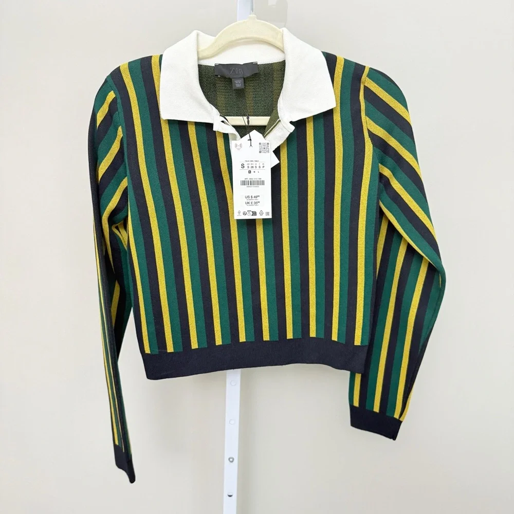 Zara Striped Green and Yellow Collared Sweater size S new with tags - Picture 2 of 5